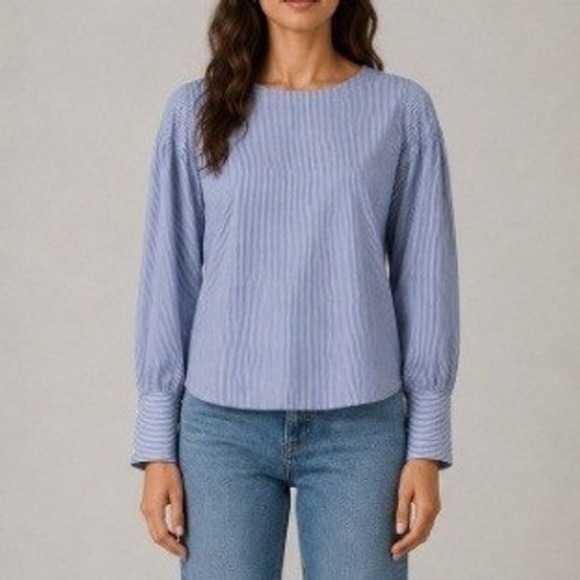 Sienna Sky Tops - Sienna Sky Women's Blue White Striped Puff Shoulder Pearl Back Button Top Size M